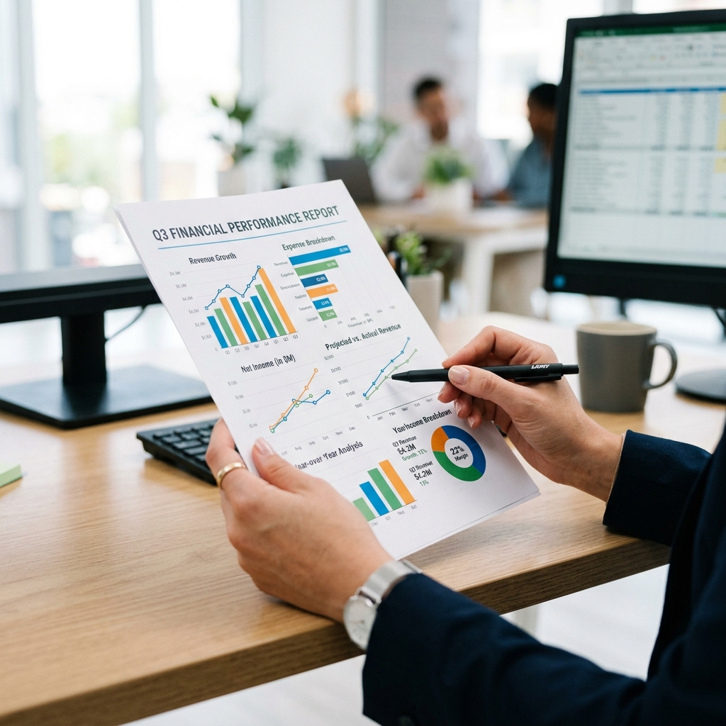 Hands holding financial reports showing charts and graphs